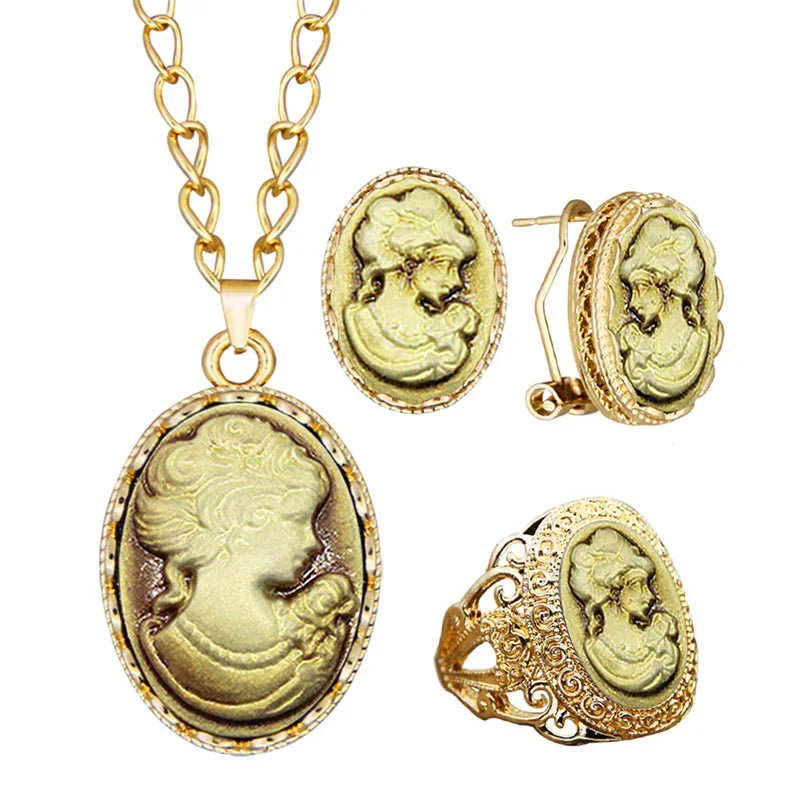 6 Colors Lady Queen Cameo Necklace Earring Ring Sets For Women Gold Color Pink Blue Gray Fashion Flower Cameo Jewelry Set