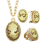 6 Colors Lady Queen Cameo Necklace Earring Ring Sets For Women Gold Color Pink Blue Gray Fashion Flower Cameo Jewelry Set