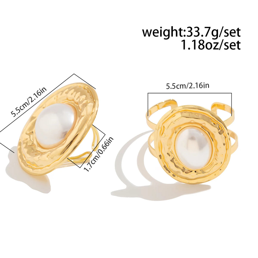 2Pcs/Set Exaggerated Circle Chunky Adjustable Open Cuff Bangles Imitation Pearl Rings for Women Grunge Jewelry Set Gift