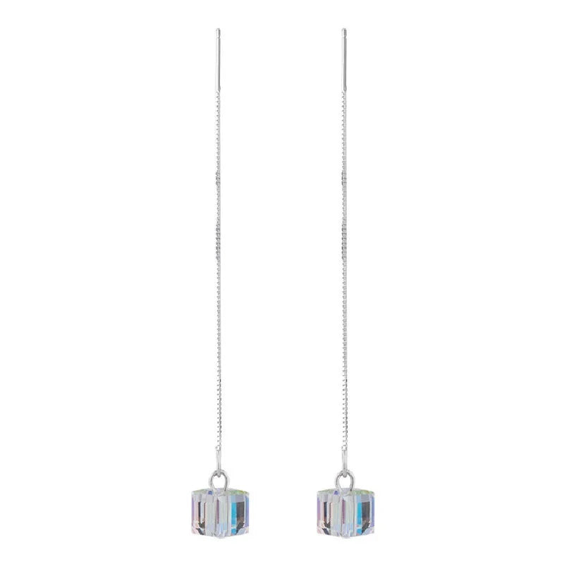 925 Silver Needle Acrylic Square Earrings Line Tassel Chain Drop Earring Women's Ear Line Straight Jewelry Gifts