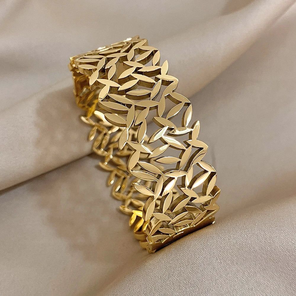316L Stainless Steel Leaves Wide Chunky Bangles Bracelets for Women Unique Design Wrist Bracelet Waterproof Jewelry