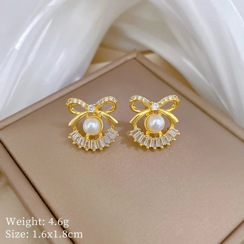 Classic Cute Hollow Bow Stainless Steel Necklace Earrings Set Fashionable Charm Pearl Versatile Gorgeous Accessories