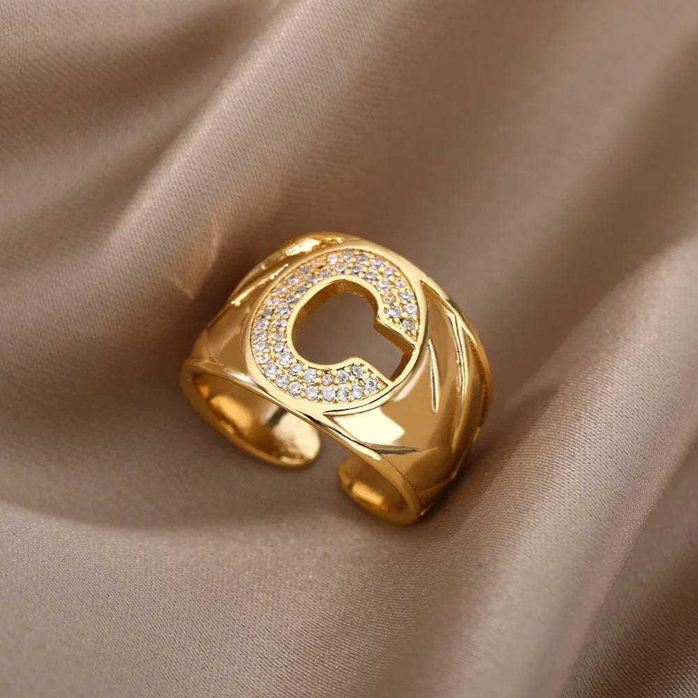 Chunky Wide Zircon Initial Letter Rings For Women Stainless Steel Opening Finger Ring Hip Hop Minimalist Jewelry Gift Femme