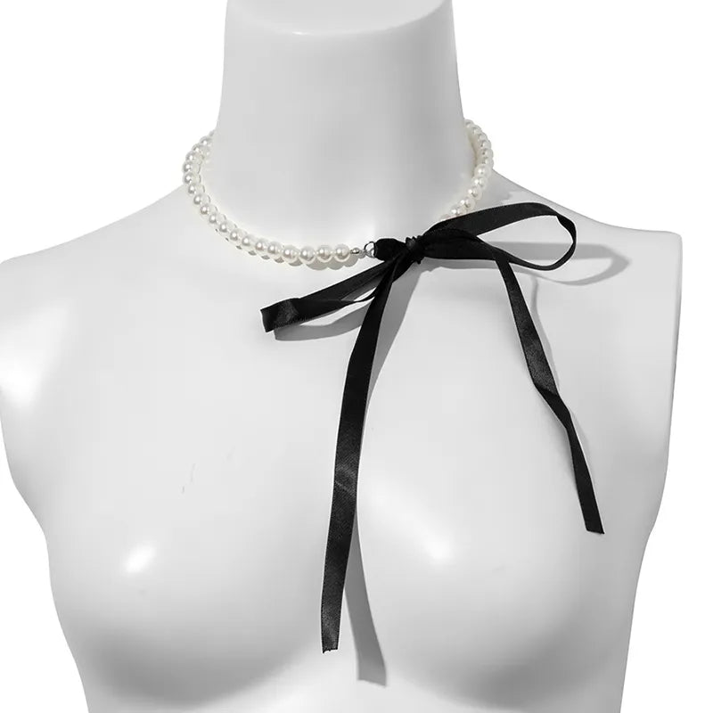 Trend Wedding Party Jewelry Long Black Ribbon Choker Necklace For Women Elegant White Imitation Pearl Beach Vacation Necklaces