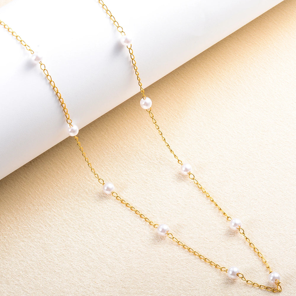 Gold Color Plated Stainless Steel Simple Pearl Choker Necklace Handmade Bead Chain Necklace Waterproof For Women Fashion Jewelry