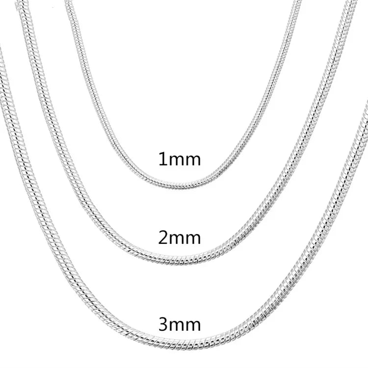 925 Sterling Silver 1MM/2MM/3MM 40-75cm solid Snake Chain Necklace For Men Women Fashion Jewelry for pendant free shipping