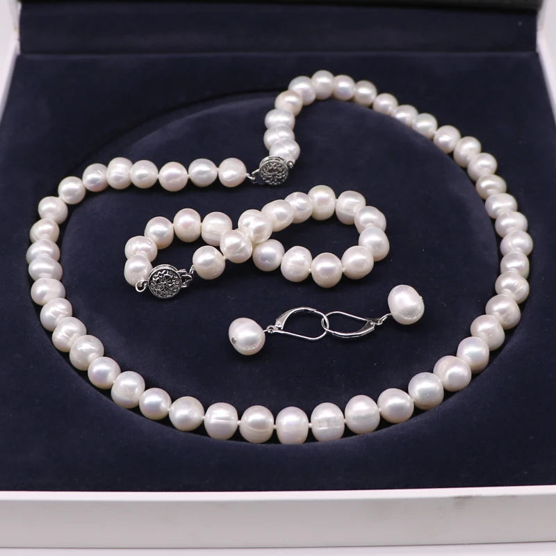 Beautiful White Pearl Jewelry Sets For Women Wedding Bridal Earring Bracelet Necklace Real Natural Freshwater Cultured Jewellery