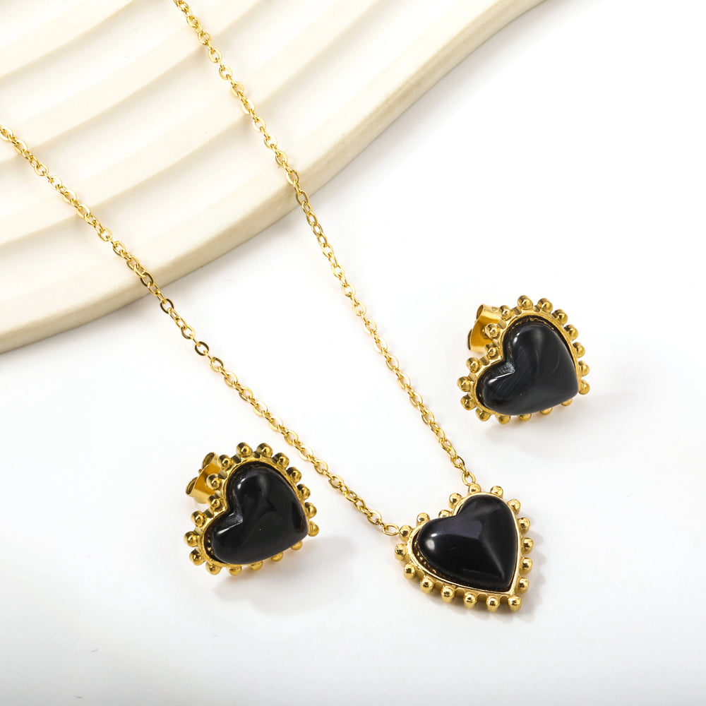 Korean Large Heart Jewelry Set Opal Red/Black Stone Love Pendant Necklace Earrings Steel Jewellery Valentine Gifts
