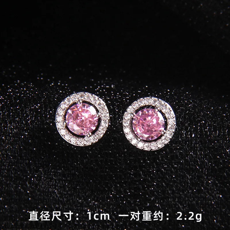 High Grade Round Zircon Jewelry Set Trendy Popular Stainless Steel Pendant Necklace Stud Earrings Party Gifts For Women Girls