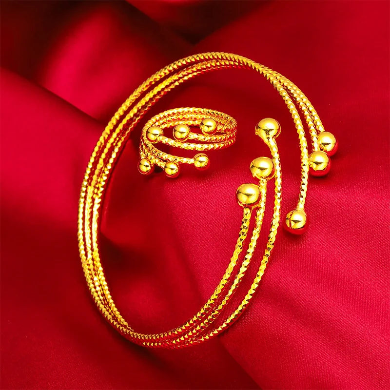 Luxury Dubai Gold Color Woman Bracelet Wedding Cuff Bracelet Female Bridal Designer Flower Bangles with Ring For Women