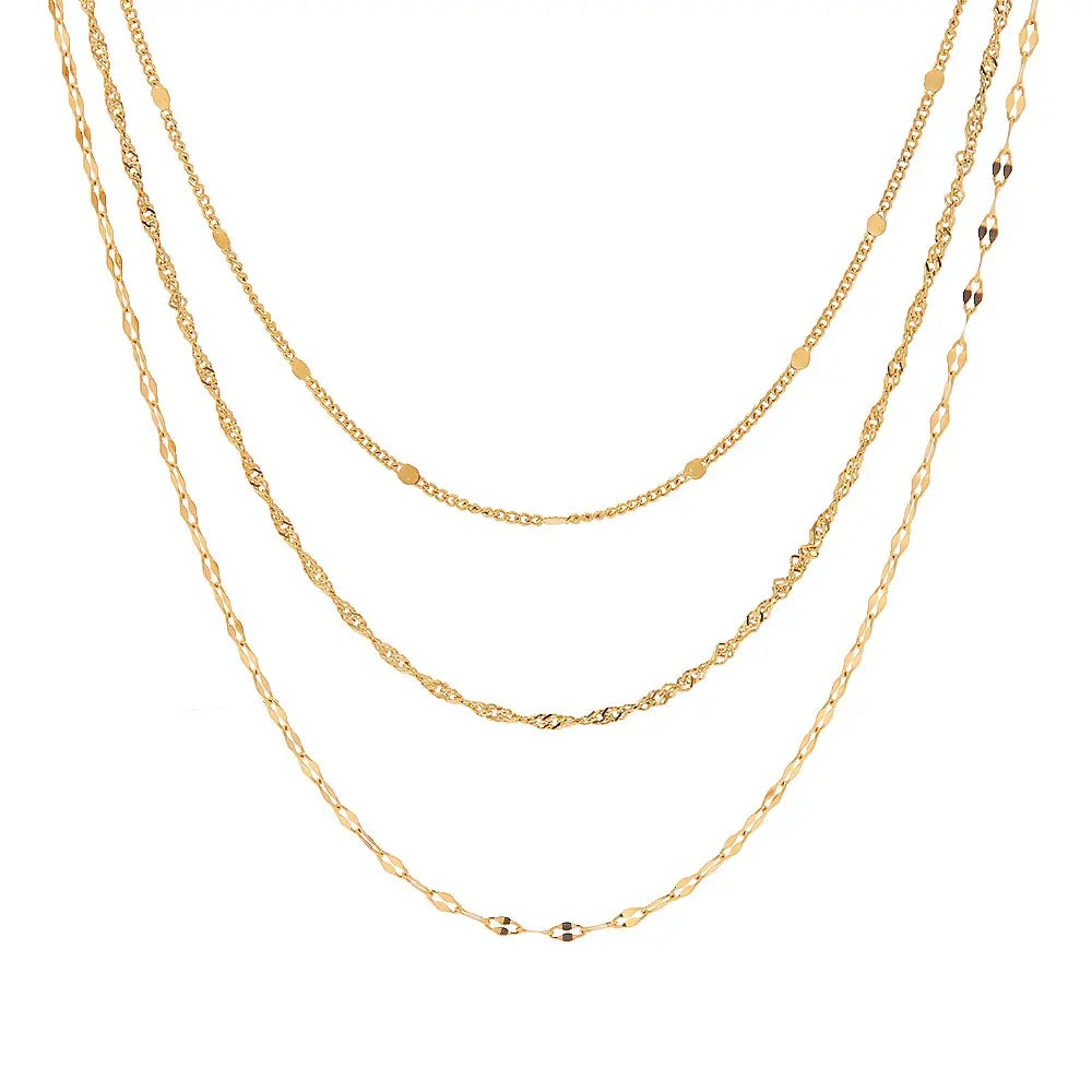 This trendy jewelry gift is a multilayer necklace made of stainless steel chain, designed for women. It has a simple fashion style with a golden color, making it a perfect accessory for parties. The necklace is hypoallergenic, ensuring it is safe for those with sensitive skin.