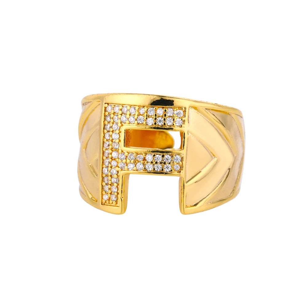 Chunky Wide Zircon Initial Letter Rings For Women Stainless Steel Opening Finger Ring Hip Hop Minimalist Jewelry Gift Femme