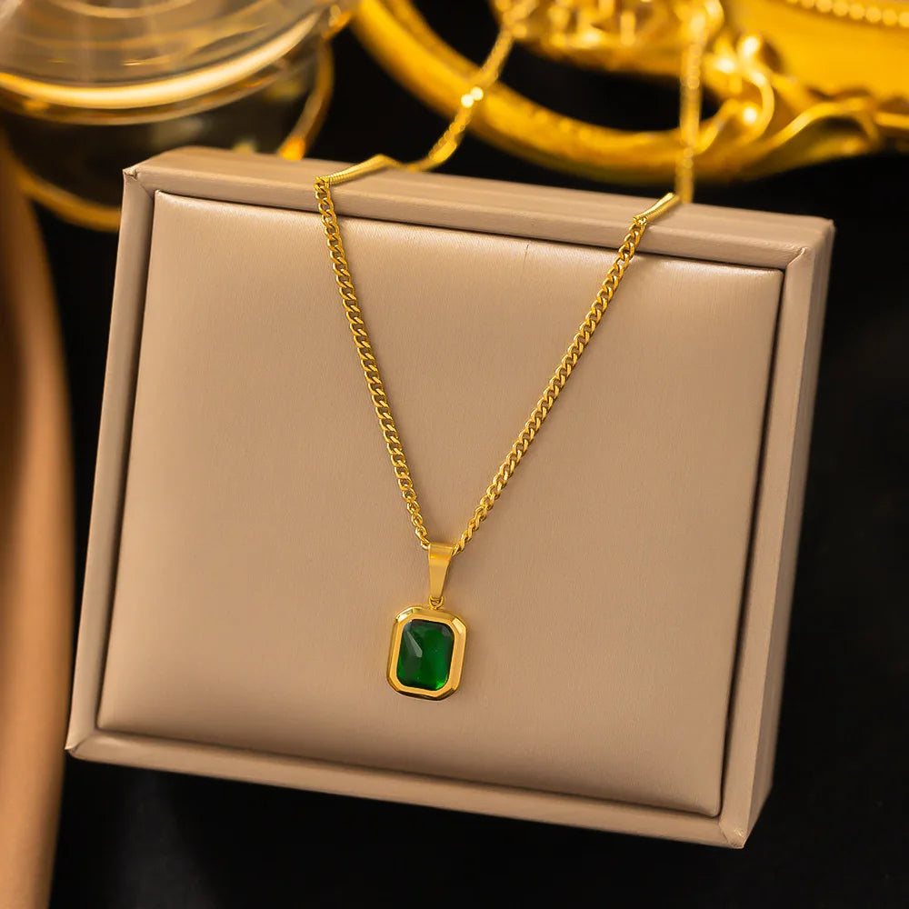 316L Stainless Steel Gold Plated Emerald Zirconia Geometric Square Pendant Necklace For Women Girls Temperament Jewelry