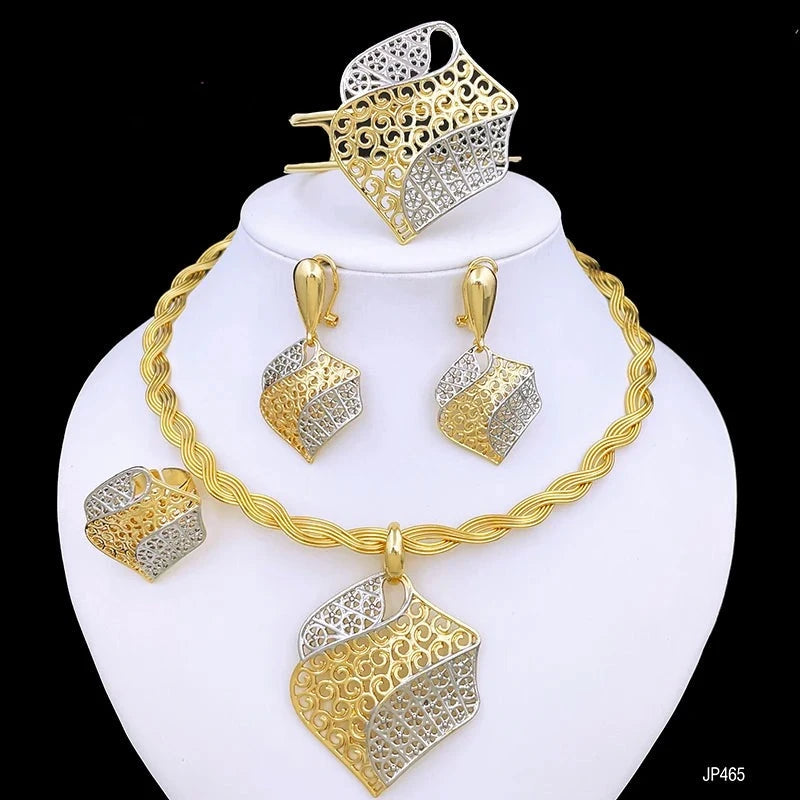  This complete jewelry set for women includes an elegant Italian design with 18K gold plating. The set consists of a necklace, earrings, bracelet, and pendant, making it perfect for parties and special occasions.