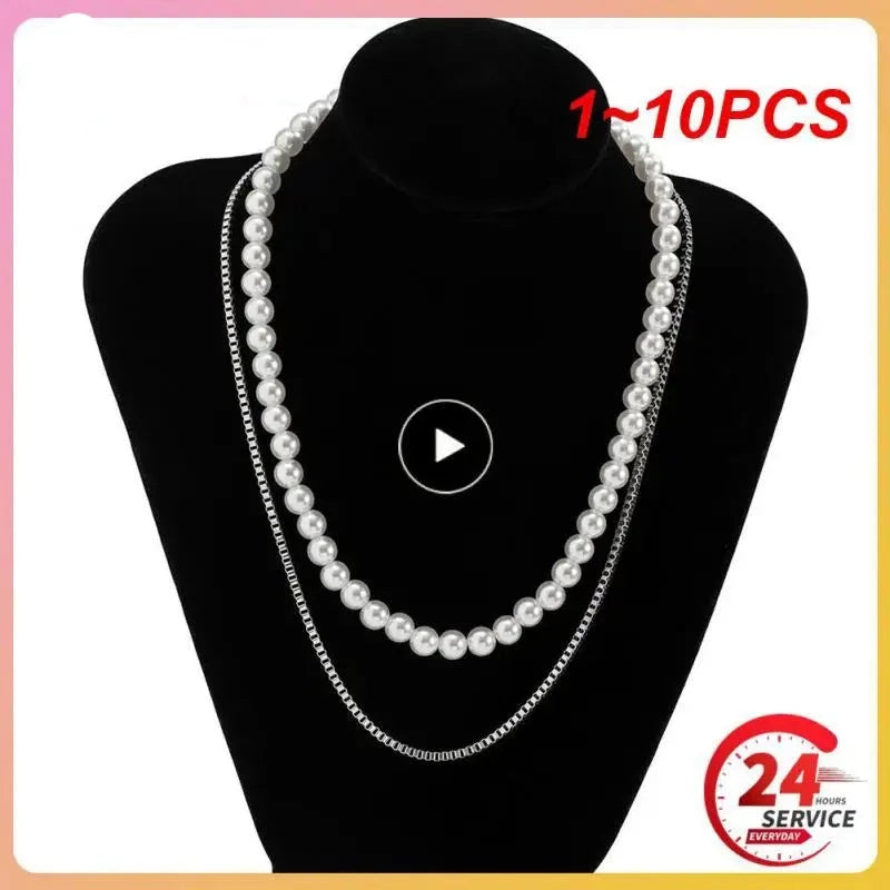 New Fashion Imitation Pearl Necklace Men Handmade Multiple Width Stainless Steel Cuban Chain Necklace For Men Jewelry