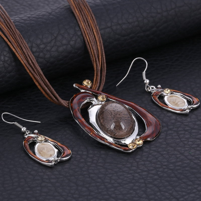 Multilayer Leather Pendant Necklace and Earrings