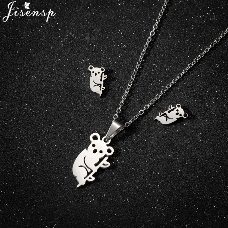 Cartoon Bowknot Mouse Stainless Steel Jewelry Set for Women Fashion Anime Animal Necklace Earrings Party Accessories