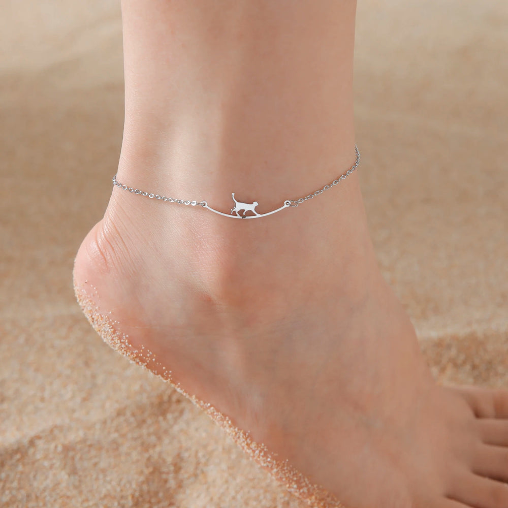 Cute Walking Cat Anklets for Women Stainless Steel Jewelry Foot Bracelet Fashion Summer Beach Accessories 2024