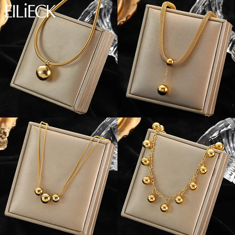 This necklace features hollow ball beads made of 316L stainless steel in a gold color, designed for women as a non-fading choker jewelry piece perfect for gifts or parties.