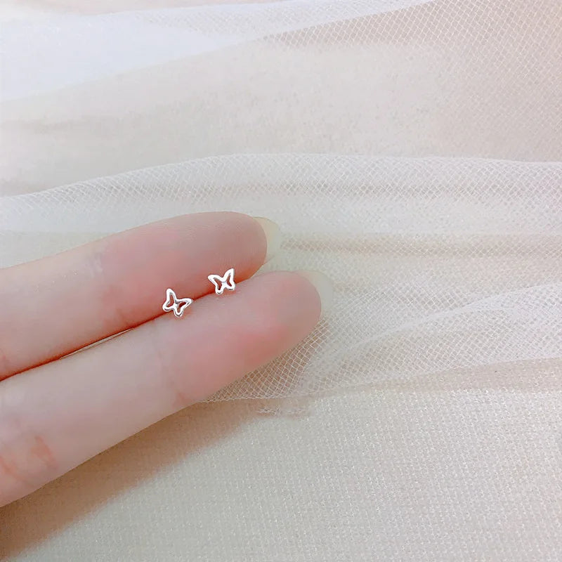 Silver Color Simple Small Butterfly Stud Earrings for Women 925 Silver Needles Hypoallergenic Daily Wear Ear Piercing Jewelry