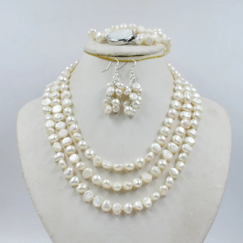 Natural White 9mm Baroque pearl necklace/earrings/bracelet set. Fashion Classic Women's Wedding Jewelry