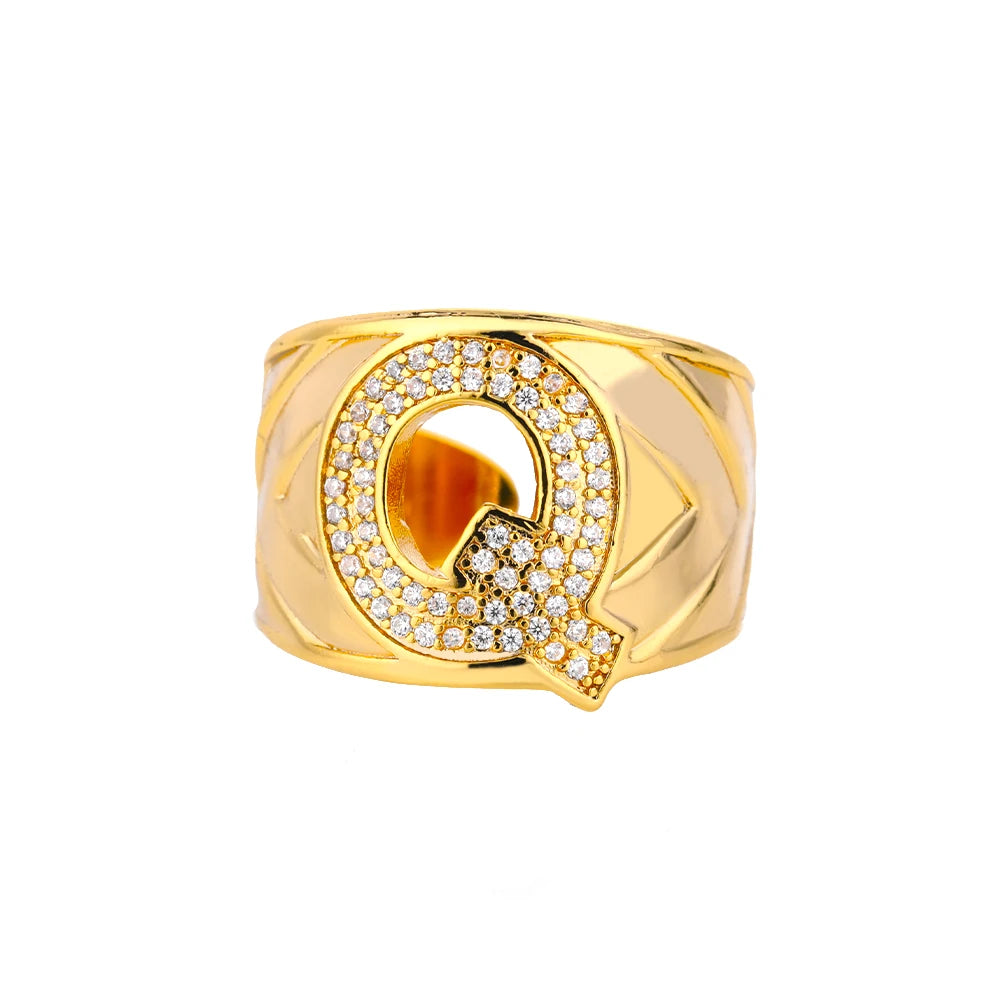Chunky Wide Zircon Initial Letter Rings For Women Stainless Steel Opening Finger Ring Hip Hop Minimalist Jewelry Gift Femme