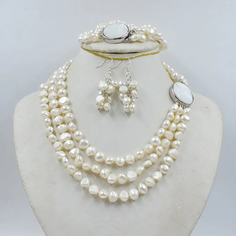 Natural White 9mm Baroque pearl necklace/earrings/bracelet set. Fashion Classic Women's Wedding Jewelry