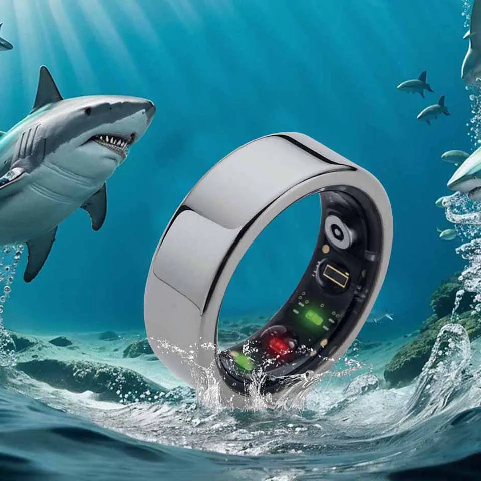 The smart ring is a Bluetooth-enabled fitness tracker that monitors heart rate, blood oxygen levels, and sleep patterns, providing comprehensive health monitoring in a compact and convenient design.