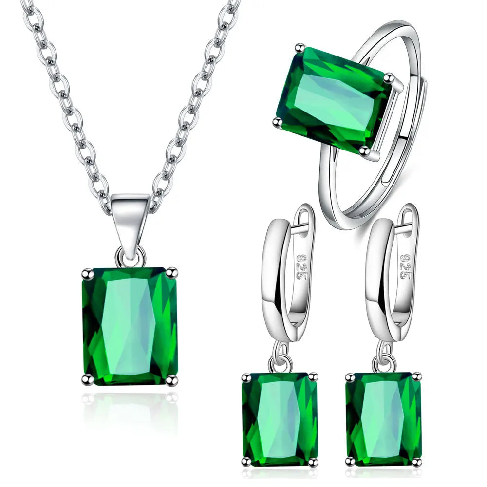 925 Sterling Silver Ring Earrings Necklace For Women Rectangle Geometry Zircon Wedding Elegant Jewelry Sets