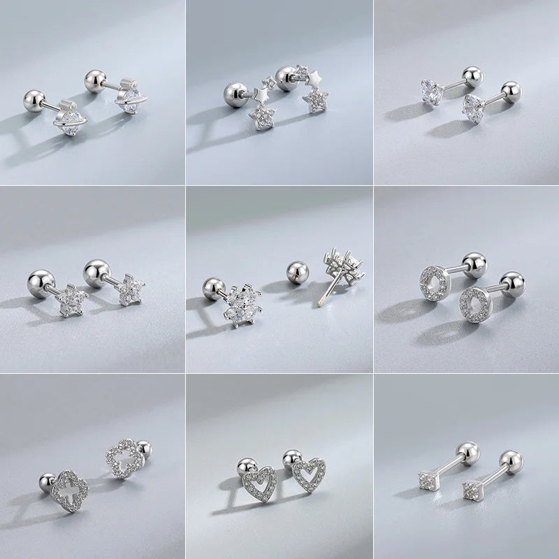 Silver Color Screw Back Helix Piercing Stud Earrings For Women Cubic Zirconia 925 Silver Needles Cartilage Earring Jewelry 2 pcs