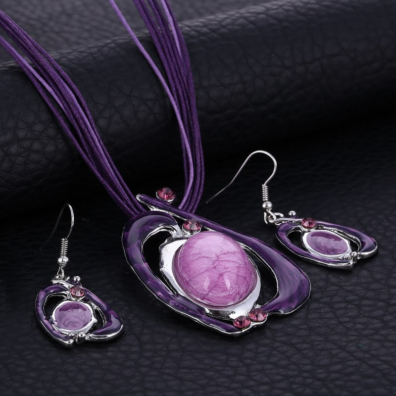 Multilayer Leather Pendant Necklace and Earrings