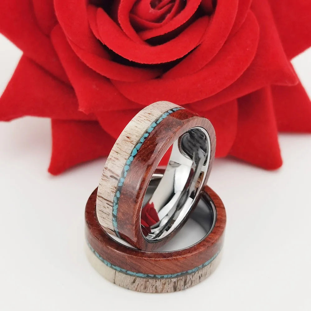 Personalized 8mm Tungsten Ring for Men Flat Top Wood Band Inlay Natural Elk Antler&Turquoise for Best Birthday Gift Size 7-15
