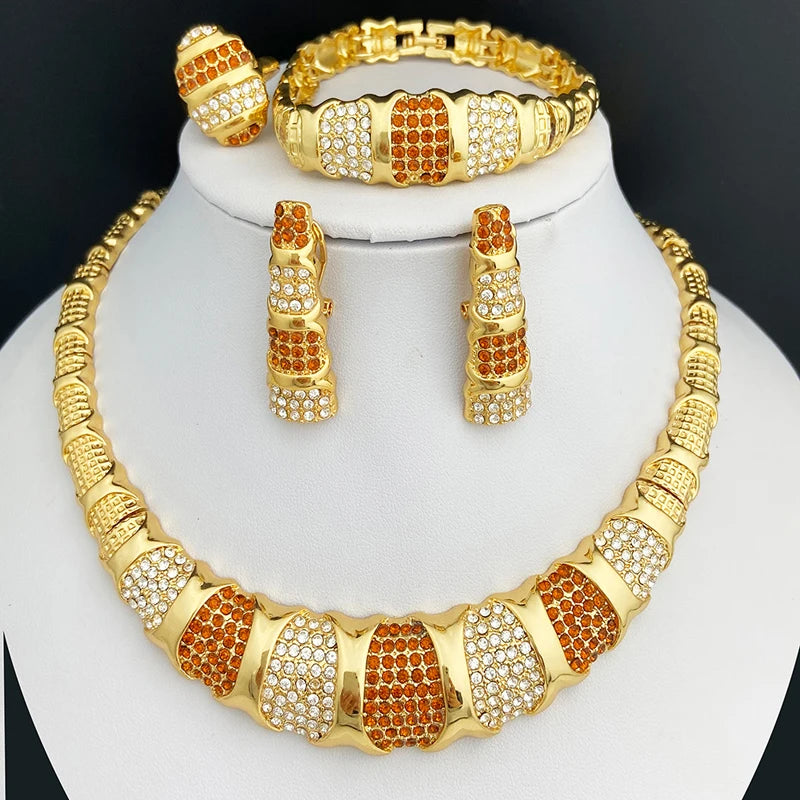 Dubai Gold Color Jewelry Set For Women Luxury Design Nigeria Trending Necklaces Earrings Ring Bracelet Wedding Party Gift