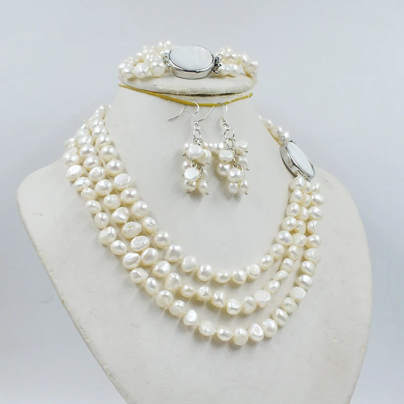 Natural White 9mm Baroque pearl necklace/earrings/bracelet set. Fashion Classic Women's Wedding Jewelry