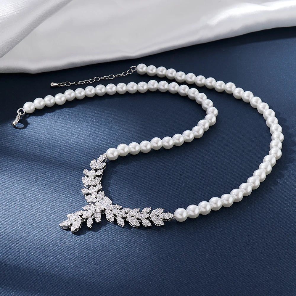 Pearl Necklace Set for Women Cubic Zircon Set Full Jewellery Woman Saudi Arabia Wedding Party Dress Suit Accessory