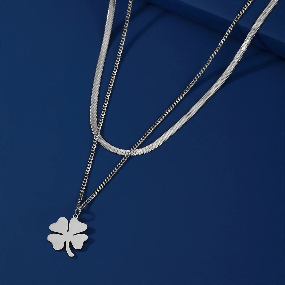 2025 Lucky Clover Pendant Necklace Stainless Steel Gold Color Double Layer Chain Necklaces for Women Girls Jewelry Gift