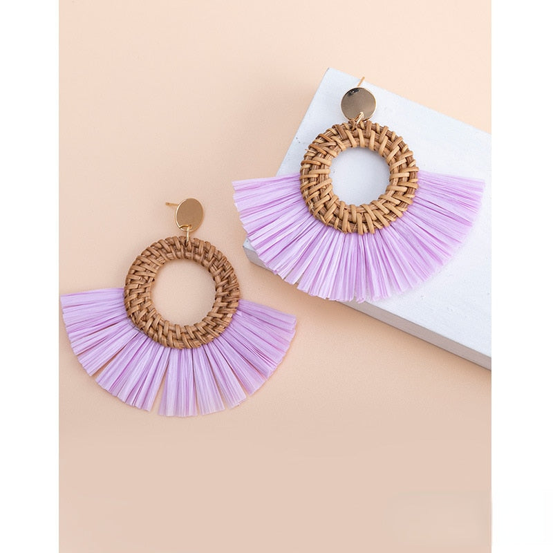 Rattan Raffia Tassel Pendant Earrings