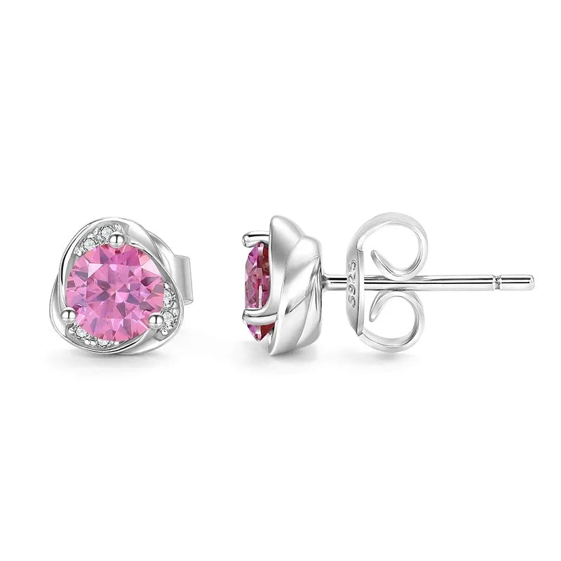 Round Cut Moissanite Stud Earrings 925 Sterling Silver Pink Moissanite Flower Earrings for Women Wedding