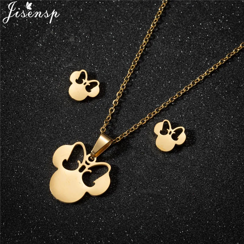 Cartoon Bowknot Mouse Stainless Steel Jewelry Set for Women Fashion Anime Animal Necklace Earrings Party Accessories