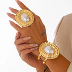 2Pcs/Set Exaggerated Circle Chunky Adjustable Open Cuff Bangles Imitation Pearl Rings for Women Grunge Jewelry Set Gift