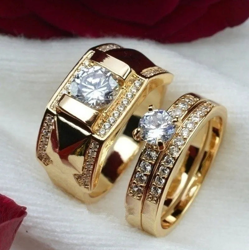 Luxury Women Ring Metal Carving Gold Color Inlaid Zircon Stones Couple Ring Bridal Engagement Wedding Jewelry