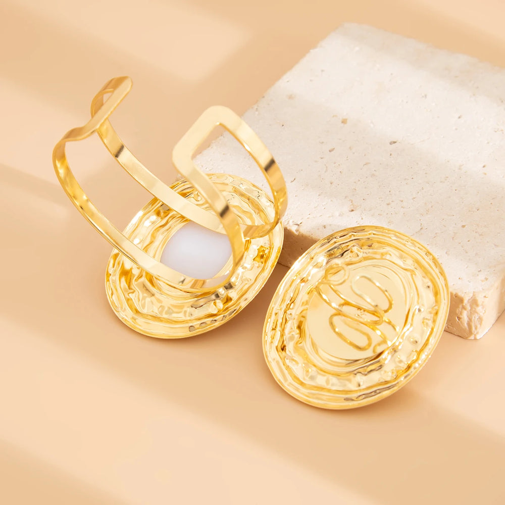 2Pcs/Set Exaggerated Circle Chunky Adjustable Open Cuff Bangles Imitation Pearl Rings for Women Grunge Jewelry Set Gift