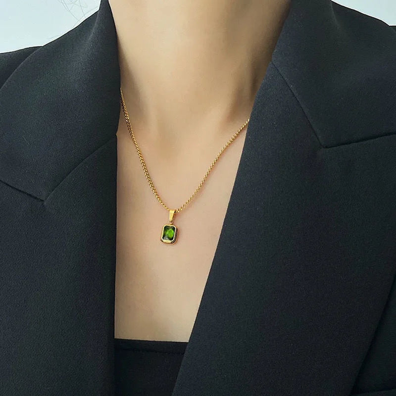 316L Stainless Steel Gold Plated Emerald Zirconia Geometric Square Pendant Necklace For Women Girls Temperament Jewelry