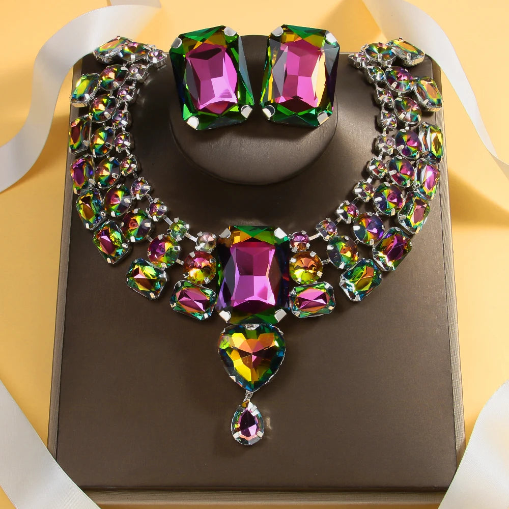 Colorful Exaggerate Necklace Earrings Set Chunky Accessories Geometric Rhinestone Nigerian Jewelry Set Wedding Gift