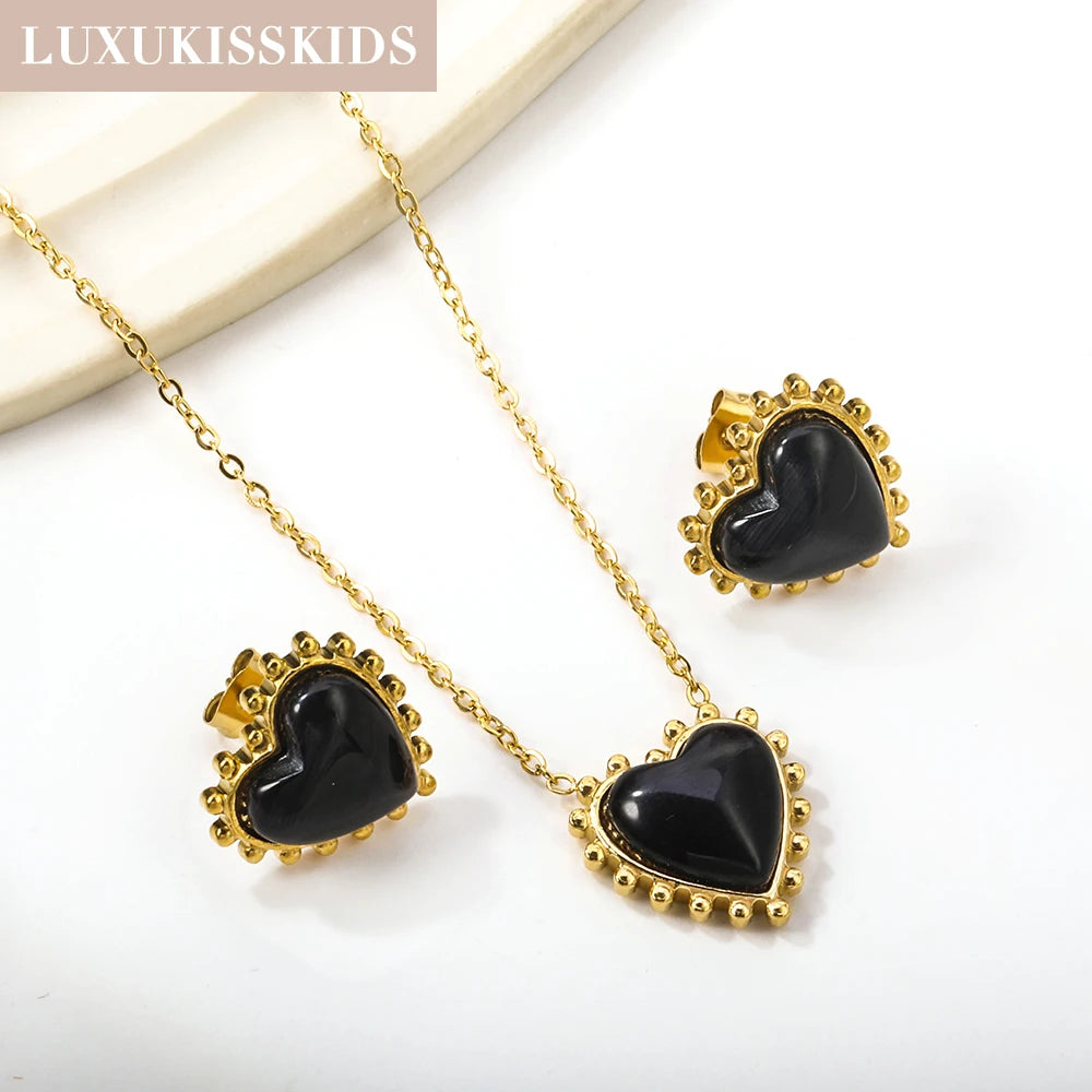 Korean Large Heart Jewelry Set Opal Red/Black Stone Love Pendant Necklace Earrings Steel Jewellery Valentine Gifts