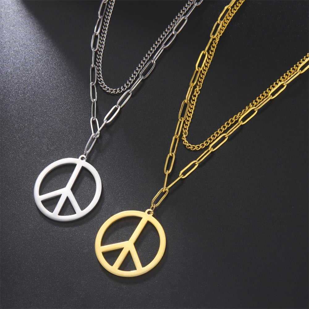 Cazador Stainless Steel 2025 Peace Sign Pendant Necklace for Men Gold Color Double Chain Necklace Jewelry Lover Gift Wholesale