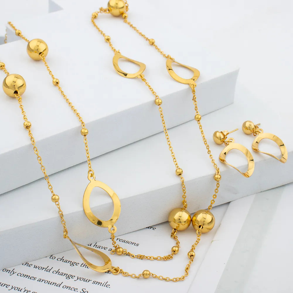 Gold Color Jewelry Set Fashion Long Chain Necklace Stud Earings Set African Bride Jewelry For Women Wedding Party Gifts