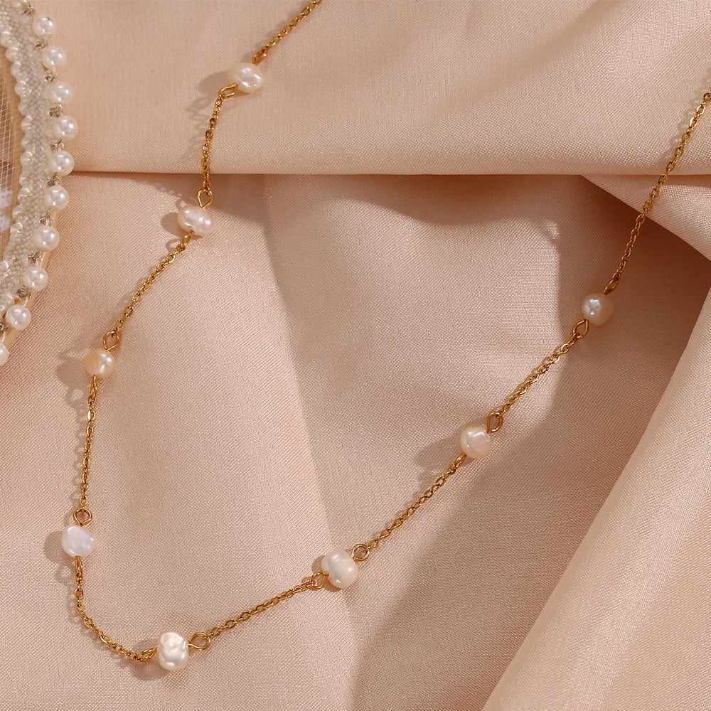 Anti-allergy Stainless Steel Chain Freshwater Pearl Chain Necklace Bracelets For Women Gold Plated Jewelry Set