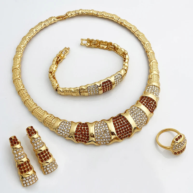 Dubai Gold Color Jewelry Set For Women Luxury Design Nigeria Trending Necklaces Earrings Ring Bracelet Wedding Party Gift