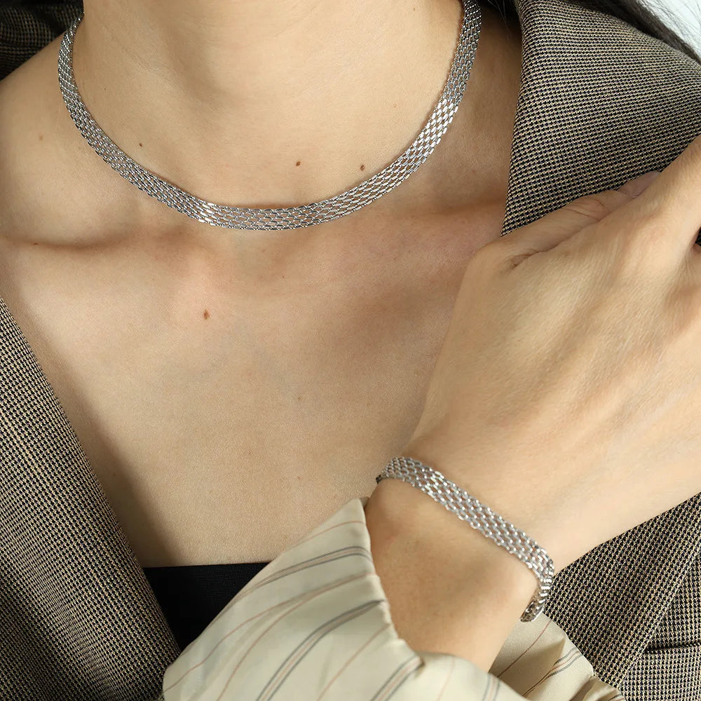 316L Stainless Steel Charm Woven Mesh Necklace Bracelet Set Set for Girl Women New IP Gold Plated Kpop Gift